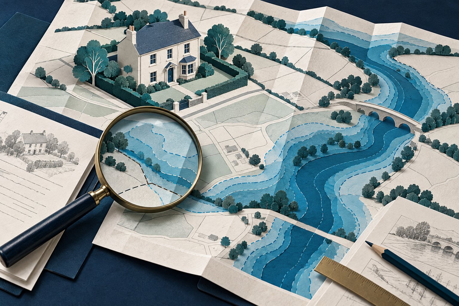 Illustration of a house, water and a flood risk map.