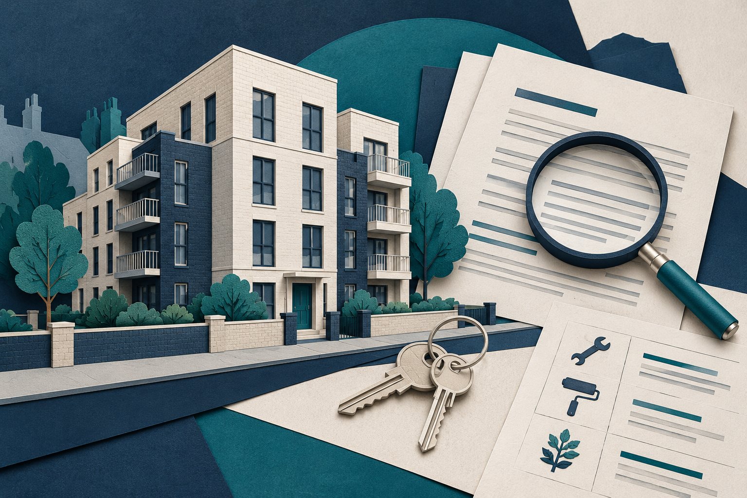 Illustration of a flat and documents for checking a leasehold purchase.