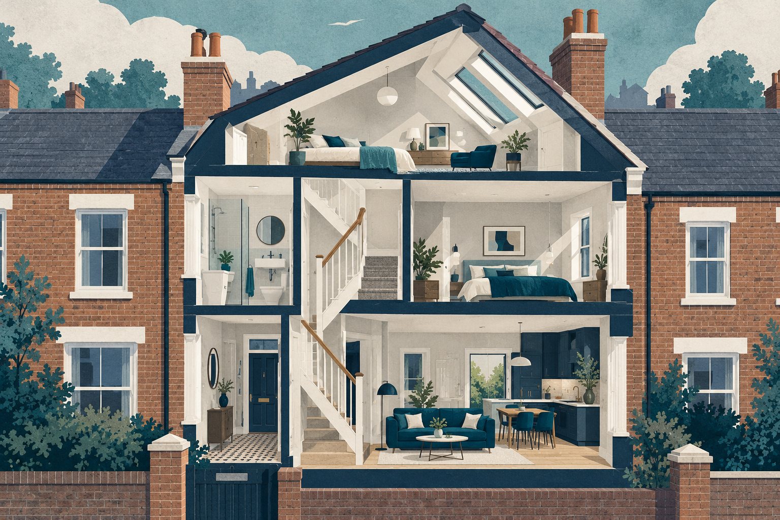 Illustration of a loft conversion with a roof section and staircase.