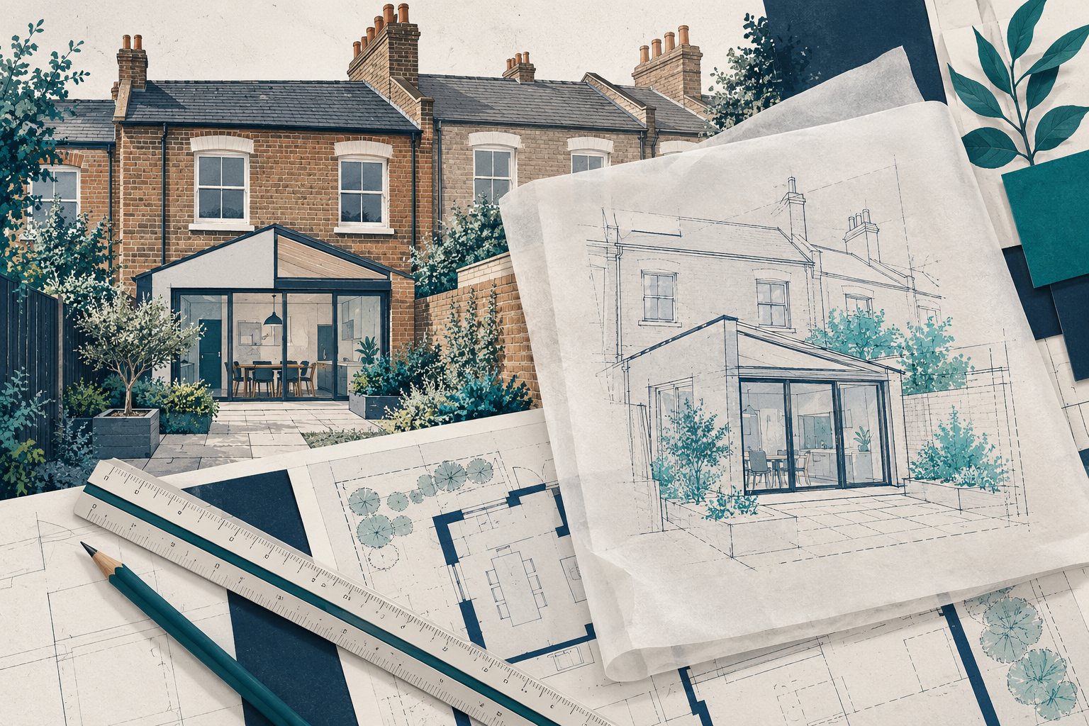 Editorial illustration of a British brick house extension beside architectural plans.