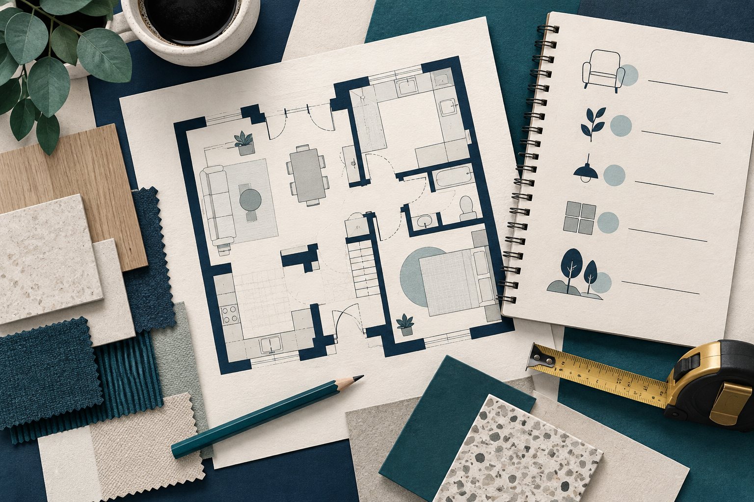 Illustration of a renovation brief, floor plan and home design materials.