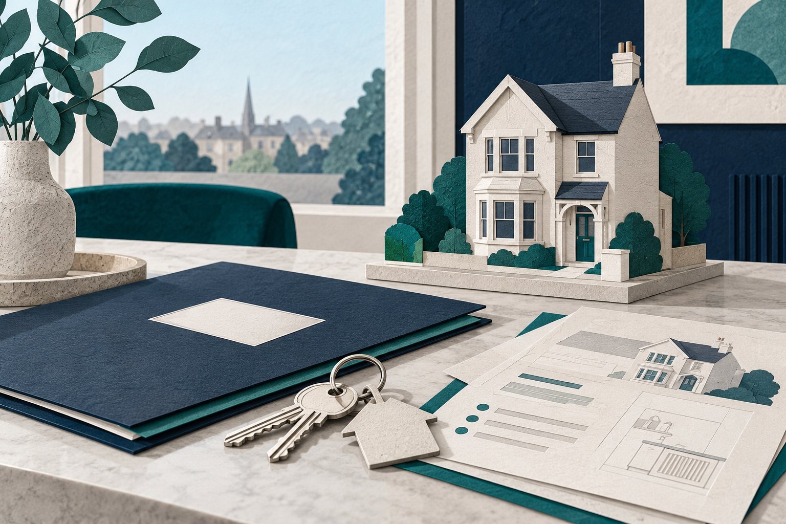 Illustration of a house, keys and renovation handover records.